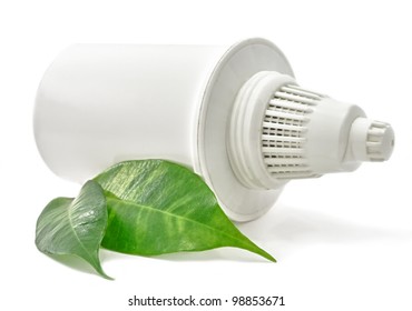 Water Filter cartridge Bio with green leaf on white background