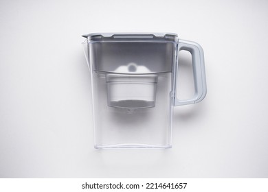 Water Filter Jug With Cartridge On Grey Background, Top View.