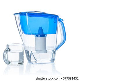 Water Filter Pitcher And Glass On White Background