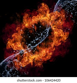 Water and fire connection, representation of elements. Isolated on black background