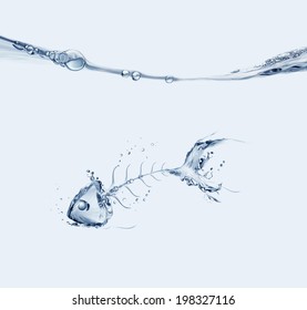 A water fishbone sinking in blue water. 