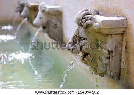 Water flow from lion statue on wall 