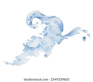 Water flow, splashes bubbles waves with drops, ice cubes hand drawn in watercolor. Blue liquid pouring motion, flowing clear wet spray ripples. Illustration, single object isolated on white background