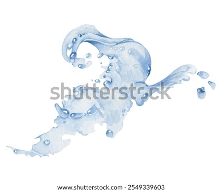 Water flow, splashes bubbles waves with drops, ice cubes hand drawn in watercolor. Blue liquid pouring motion, flowing clear wet spray ripples. Illustration, single object isolated on white background