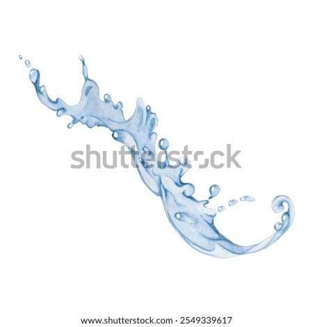 Water flow, splashes bubbles waves with drops, ice cubes hand drawn in watercolor. Blue liquid pouring motion, flowing clear wet spray ripples. Illustration, single object isolated on white background