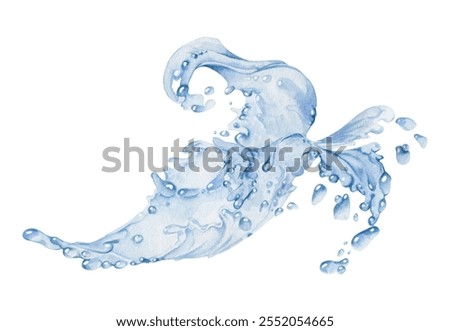 Water flow, splashes bubbles waves with drops, ice cubes hand drawn in watercolor. Blue liquid pouring motion, flowing clear wet spray ripples. Illustration, single object isolated on white background