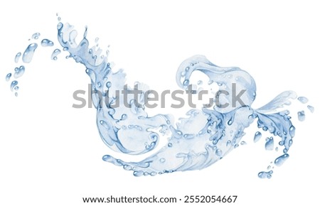 Water flow, splashes bubbles waves with drops, ice cubes hand drawn in watercolor. Blue liquid pouring motion, flowing clear wet spray ripples. Illustration, single object isolated on white background