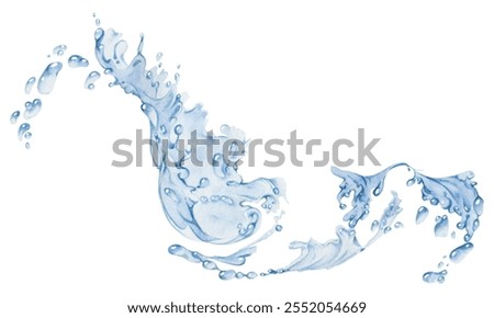 Water flow, splashes bubbles waves with drops, ice cubes hand drawn in watercolor. Blue liquid pouring motion, flowing clear wet spray ripples. Illustration, single object isolated on white background