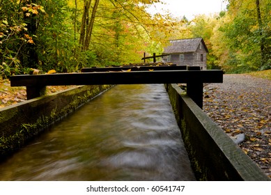 Water flowing in water mill aqueduct at Mingus Mill in Smoky Mountains National Park