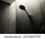 Water flowing from modern shower in the bathroom, focus on water sprays out and flowing slowly, falling drops, turning on and off shower head in bathroom