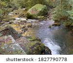 Water flowing over rocks along Smith Creek at the base of Anna Ruby Falls in Northwest Georgia. 