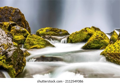 The water flows between the mossy stones of the stream.Cold creek mossy rocks. Green moss on cold creek rocks. River stream mossy rocks