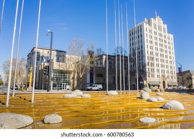 The Water Fountain In Front Of The Modern City Hall Building Of San José, Silicon Valley, California