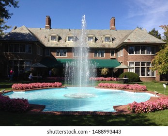 Water Fountain In Front Of An Old Manor House In Flint, Michigan.