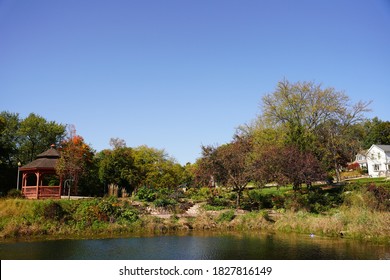 Water Fountain Spraying At Pauquette Park In Portage, Wisconsin