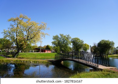 Water Fountain Spraying At Pauquette Park In Portage, Wisconsin