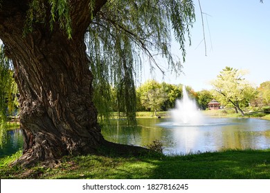 Water Fountain Spraying At Pauquette Park In Portage, Wisconsin