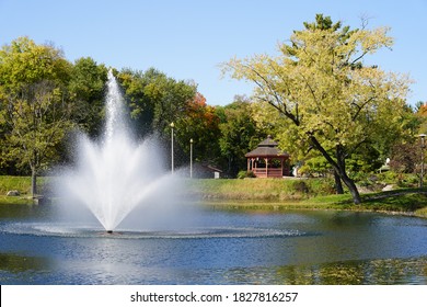 Water Fountain Spraying At Pauquette Park In Portage, Wisconsin