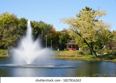 Water Fountain Spraying At Pauquette Park In Portage, Wisconsin