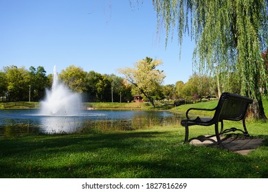 Water Fountain Spraying At Pauquette Park In Portage, Wisconsin