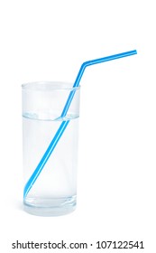 Water Glass With A Blue Straw On White Background