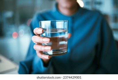 Water, glass and hand closeup in office, woman and giving for hydration, wellness or choice at finance company. Accountant, natural drink and zoom for nutrition, diet or detox for health in workplace - Powered by Shutterstock