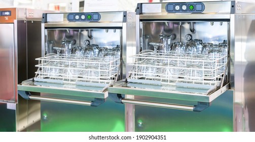Water Glass Plate And Tea Cup Set Or Tumbler On Basket In Automatic Dishwasher Machine For Kitchen And Restaurant