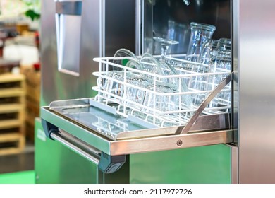 Water Glass Plate And Tea Cup Set Or Tumbler On Basket In Automatic Dishwasher Machine For Kitchen And Restaurant
