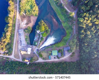 Water Jet Through  Spillway Dam, Aerial Top View