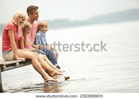 Water, lake and holiday with family with foot in water for lifestyle with mockup during summer. Kids, child and happy at river for adventure and space for vacation with sunshine for love and travel.
