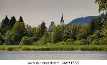 Water from a lake in a Swiss valley. Shore with forest and reed bed, village and pointed bell tower of the church. Dark blue mountain in the background. Sky with storm clouds. Tourism in Switzerland