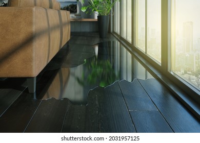 Water leaking and flooded on wood parquet floor. Room floor will damage after the water flooded.  - Shutterstock ID 2031957125