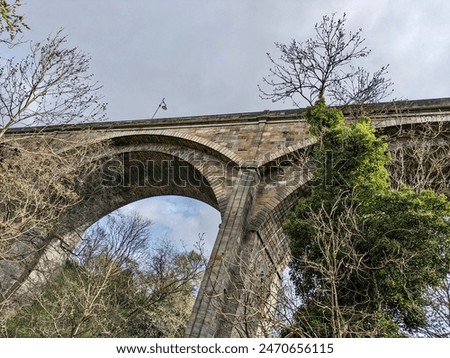 Water of leith river stream Coates looking up at the dean bridge dean village tree trees holiday travel tourism building architecture old Edinburgh Scotland