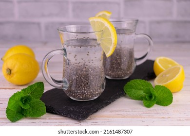 Water With Lemon And Chia Seeds. Useful Drink For Weight Loss And Health.
