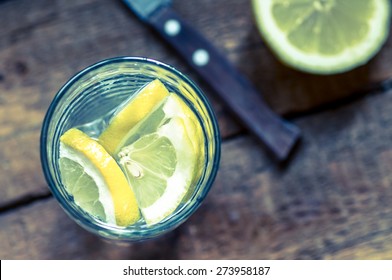 Water With Lemon In A Glass Top View