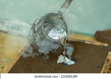 Water molten metal Being poured from the crucible Into the sand mold
