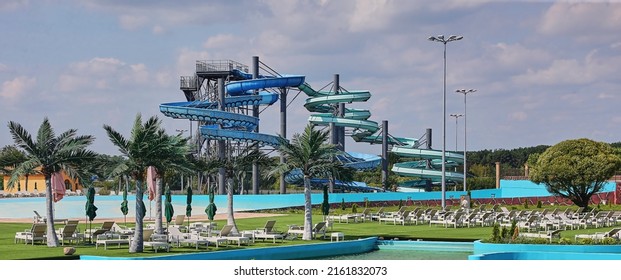 A Water Park Without People During A Pandemic. Empty Water Park In Summer.