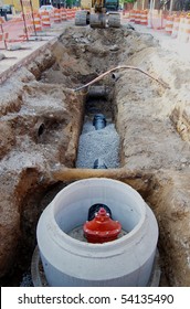 Water Pipe Installation, Street Construction Site With Excavator