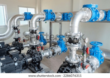 Water pipes and fittings, water pump valves in power substations to supply clean water in large industrial estates. Industrial plumbing.