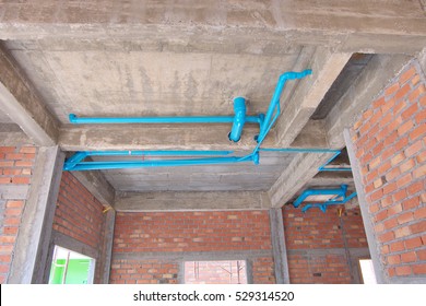 Water Pipes Pvc Plumbing Under Cement Ceiling Of Construction House Building