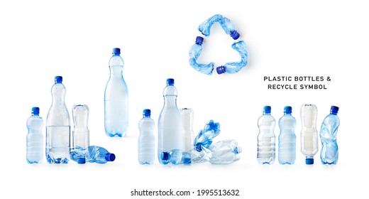 Water Plastic Bottles And Recycle Symbol Made Of Used Plastic Bottles Set Isolated On White Background. Environmental Recycling Concept. Design Element
