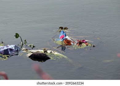 Water Pollution, Garbage And Trash, Discarded Plastic Flower Debris Polluting A Waterway