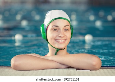 Water Polo Girl Portrait On Pool Edge