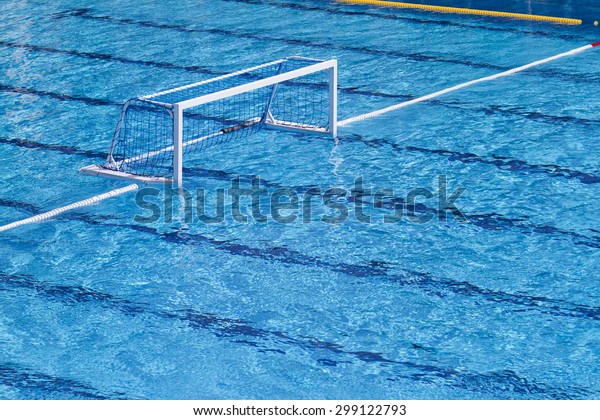 Water polo goal. Water polo gates float on water in\
the swimming pool
