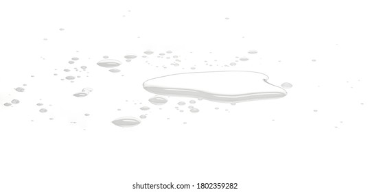 Water puddles and droplets on white reflective surface. Frontal view and deep focus stacking - Shutterstock ID 1802359282