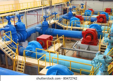 Water Pumping Station, Industrial Interior And Pipes