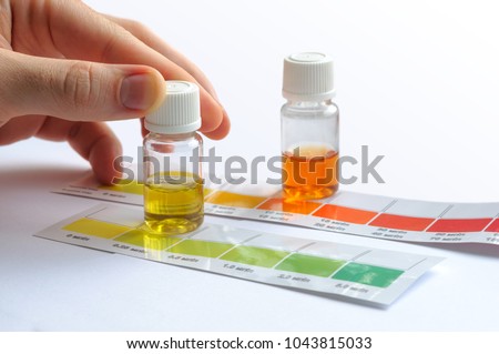 Water quality testing. Man determining water characteristics by comparing the color of liquid in testing vials with attached color scales