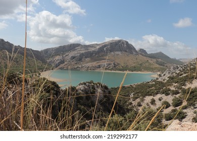 water reservoir with water between mountains in mallorca cuber reservoir