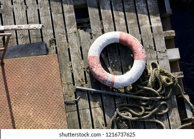 Water Safety Buoy Red White Ring Aerial View From Above On Wooden Raft