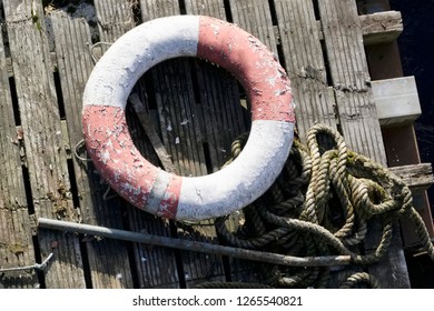 Water Safety Buoy Red White Ring Aerial View From Above On Wooden Raft